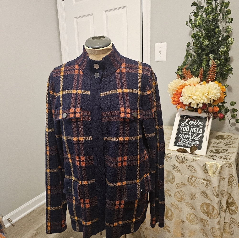 JOIE NAVY AND ORANGE Plaid Button-Up Jacket SZ M